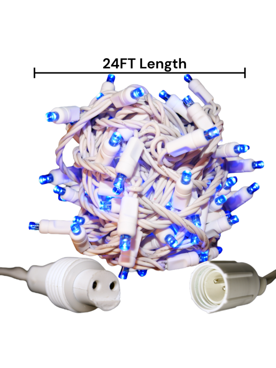 105 new Christmas 70 5mm Blue LED Christmas Lights, 4" spacing White Wire, Coaxial Plug Plug