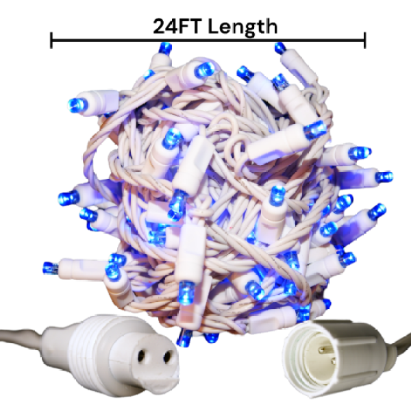 Christmas 70 5mm Blue LED Christmas Lights, 4" spacing White Wire, Coaxial Plug Plug