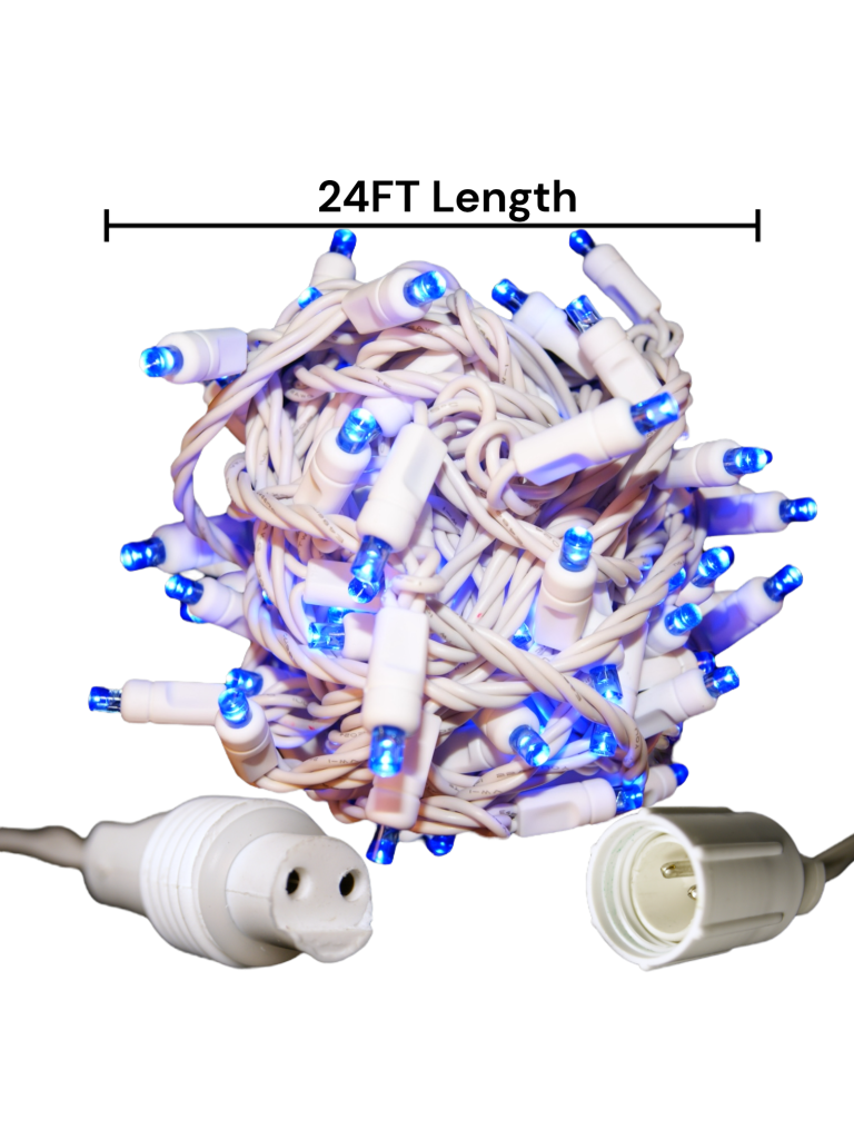 Christmas 70 5mm Blue LED Christmas Lights, 4" spacing White Wire, Coaxial Plug Plug