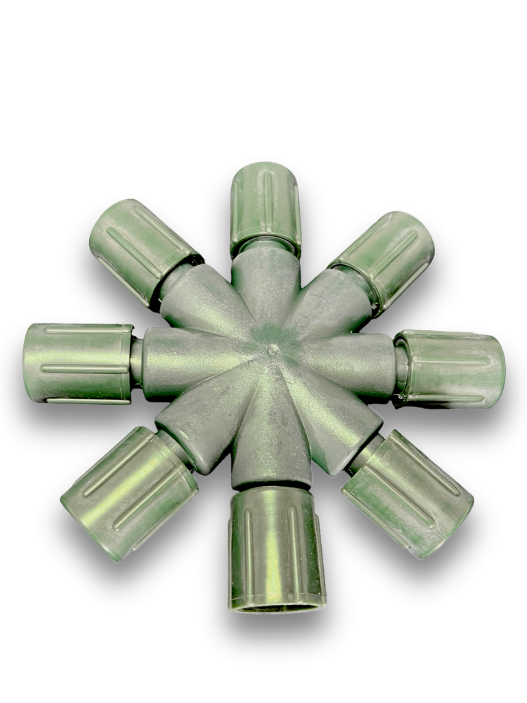 green 8 -way coaxial splitter. watertight design for holiday lights