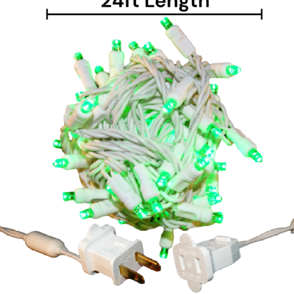 70ct 5mm Green LED Christmas Lights, 4" spacing White wire